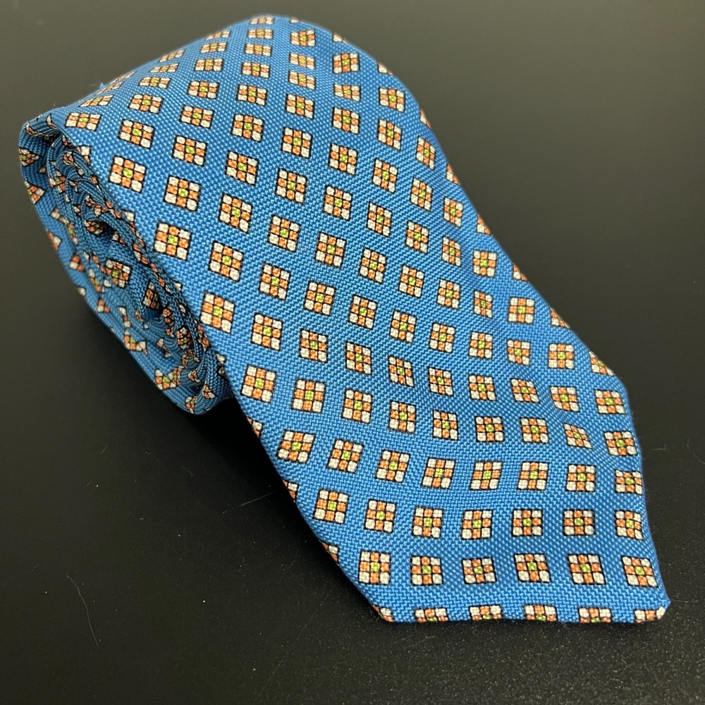 Lands End Mens Blue Geometric Square Pattern 100% Silk Handsewn Necktie